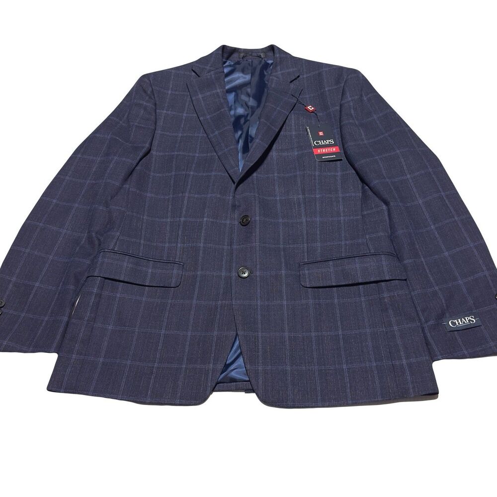 Chaps Mens Sports Coat Stretch Blazer Navy Blue Plaid Windowpane Size 40 R NWT
